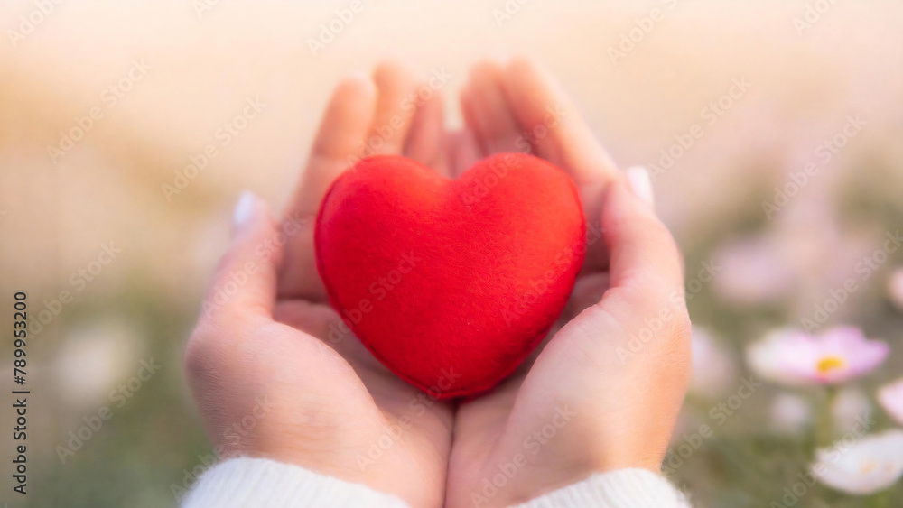 Cupped hands presenting a vibrant red heart against a soft, light background, symbolizing love and care.