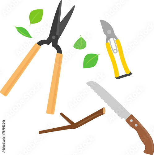 剪定鋏や鋸で切った葉と枝