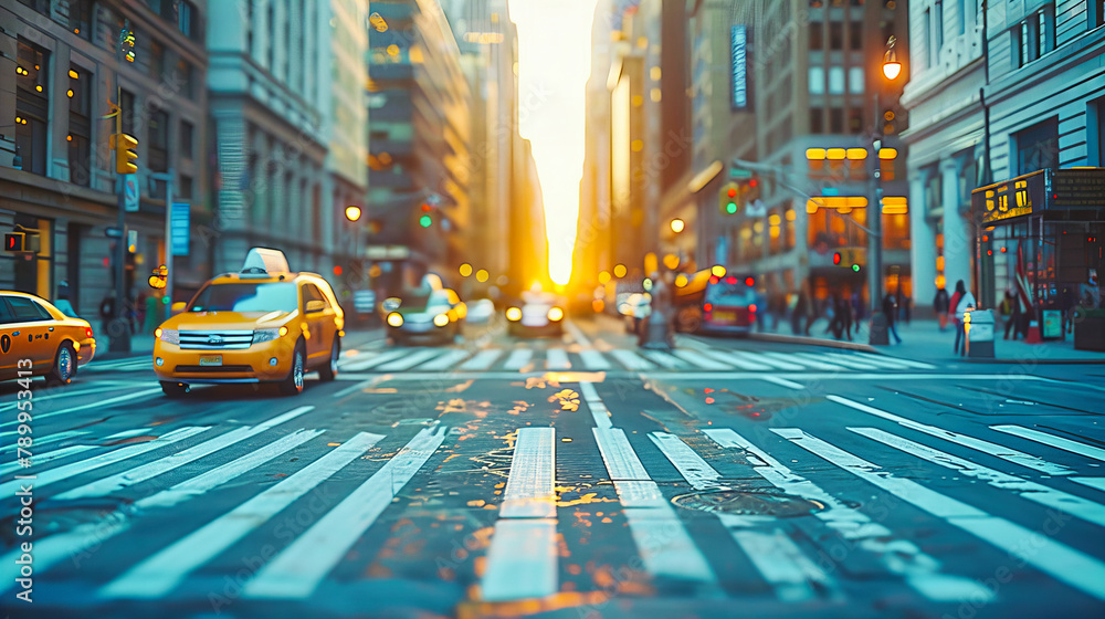 Busy Manhattan Street Scene with Blurred Taxi Movement, Vibrant New York City Life, Urban Transportation in Motion Busy Manhattan Street Scene with Blurred Taxi Movement, Vibrant New York City Life, Urban Transportation in Motion