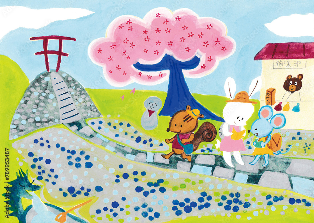 Fototapeta premium 御朱印を拝受した動物たちのイラスト