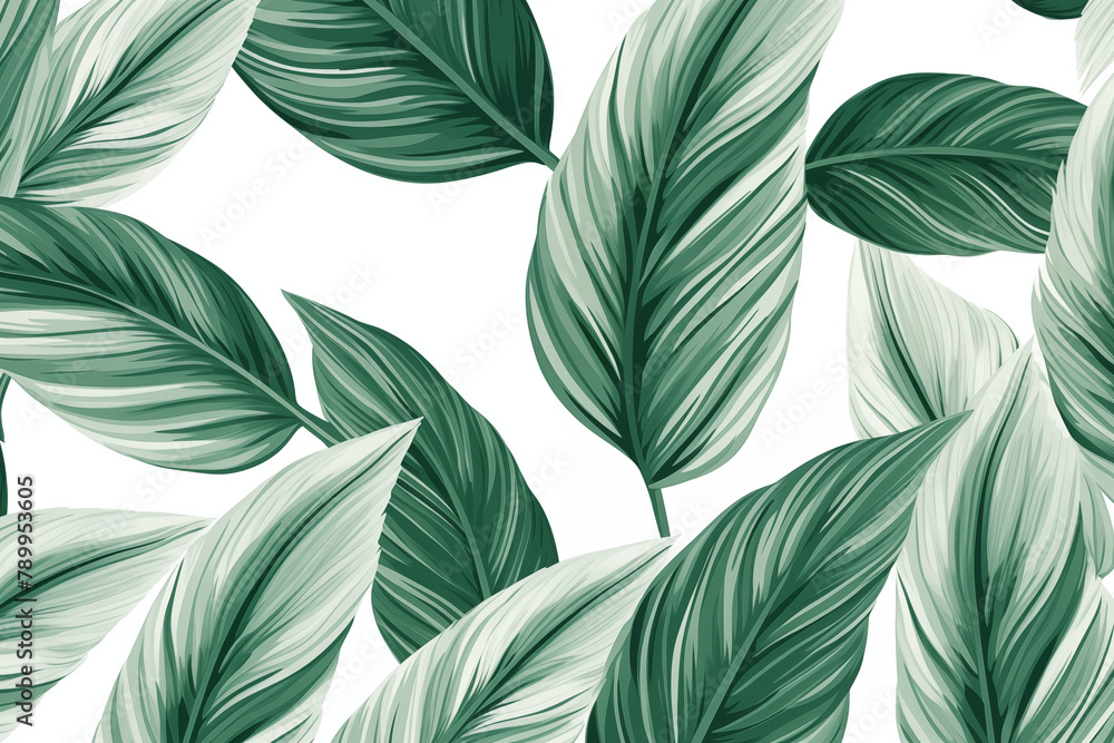 An abstract of foliage line art vector on white background, green tropical leaf in hand drawn pattern for fabric
