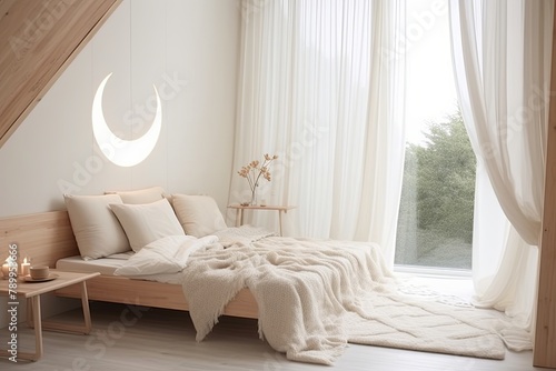 Crescent Moon Serenity: Minimalist Lunar-Inspired Bedroom Decor with White Bedding © Michael