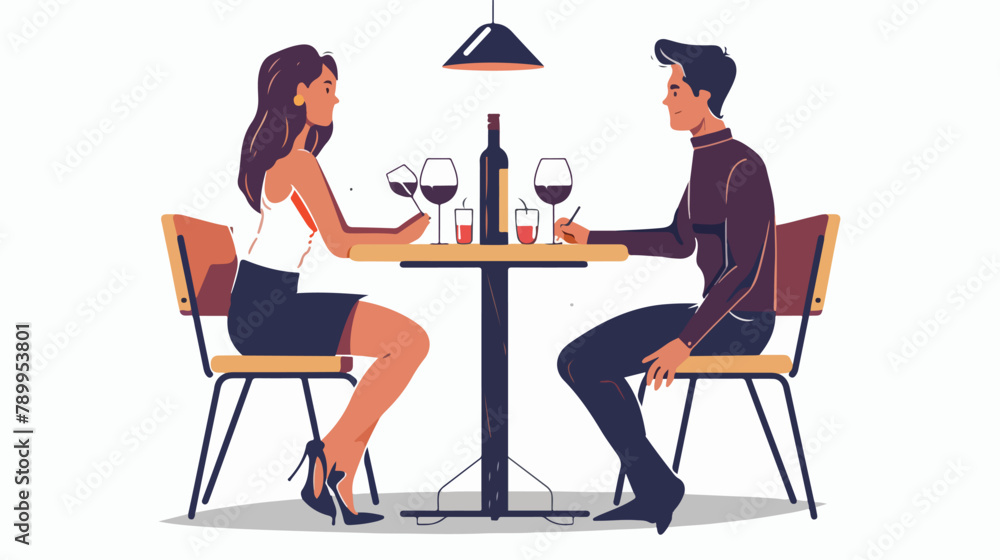 Night romantic date with wine. vector flat illustration