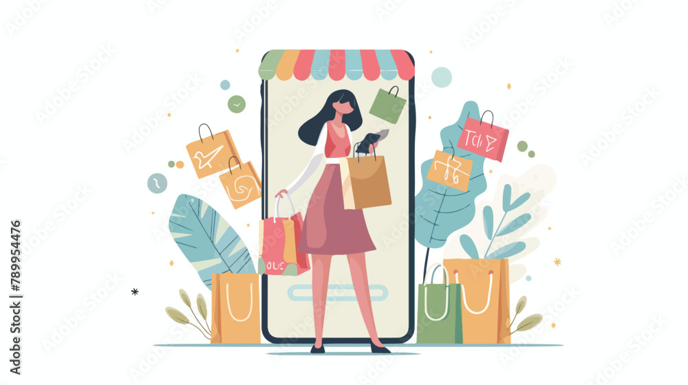 Woman mobile online shopping. Flat vector illustration