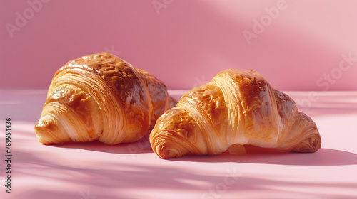 Two croissants on pink surface, baked goods for comfort