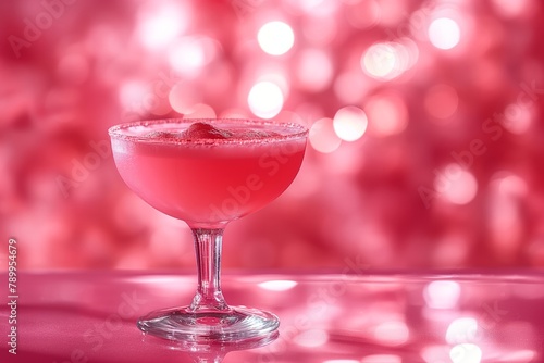 Pink cocktail with berry on pink illuminated background with bokeh. Copy space. Concept: summer drinks, menu for bar, alcoholic drinks, social media. 