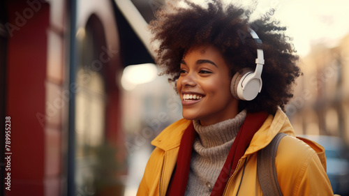 Happy young woman with headphones enjoying the music