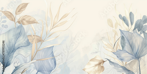 Soft Botanical Sketch: Timeless Blue Leaves and Flowers with Artistic Flair