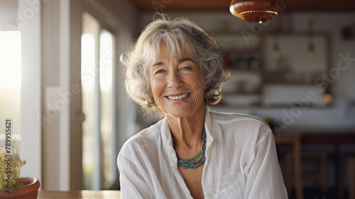 Portrait of an elderly woman with grey hair and wrinkles smiling at the camera.
