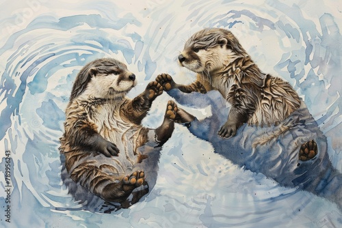 Two otters playing in the water photo