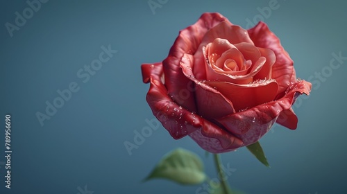   A tight shot of a red rose with dewdrops on its petals against a blue backdrop