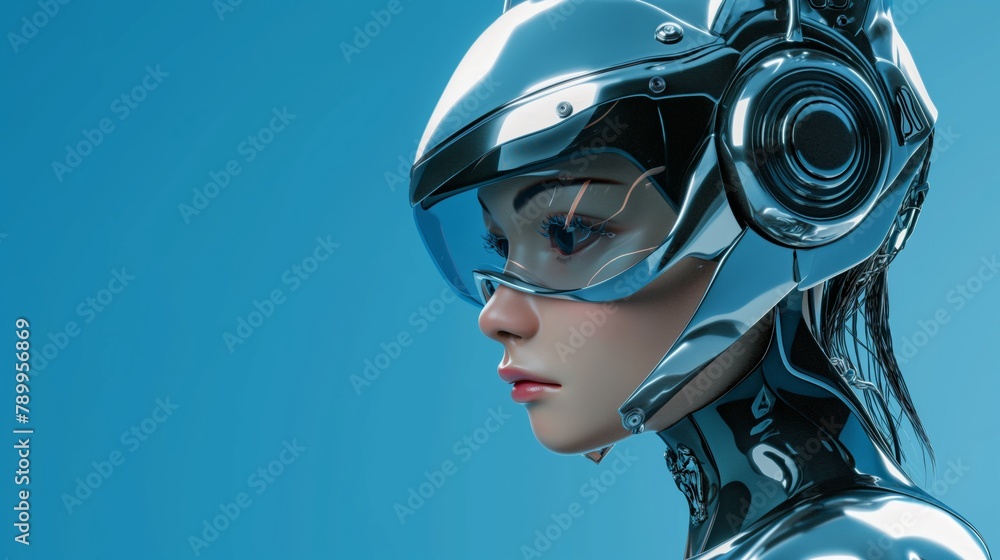 Cyborg cat girl with a fully enclosed metal helmet, chrome set with silver and chrome accents highlighted against a vibrant blue background. Cyborg cat girl with a fully enclosed metal helmet, chrome set with silver and chrome accents highlighted against a vibrant blue background.