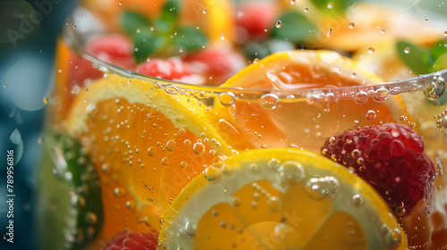 a bowl of fruit is being poured into a glass of water