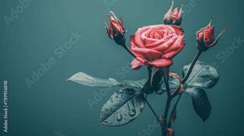  A red rose with water droplets on its petals against a green background and a blue sky in the distance