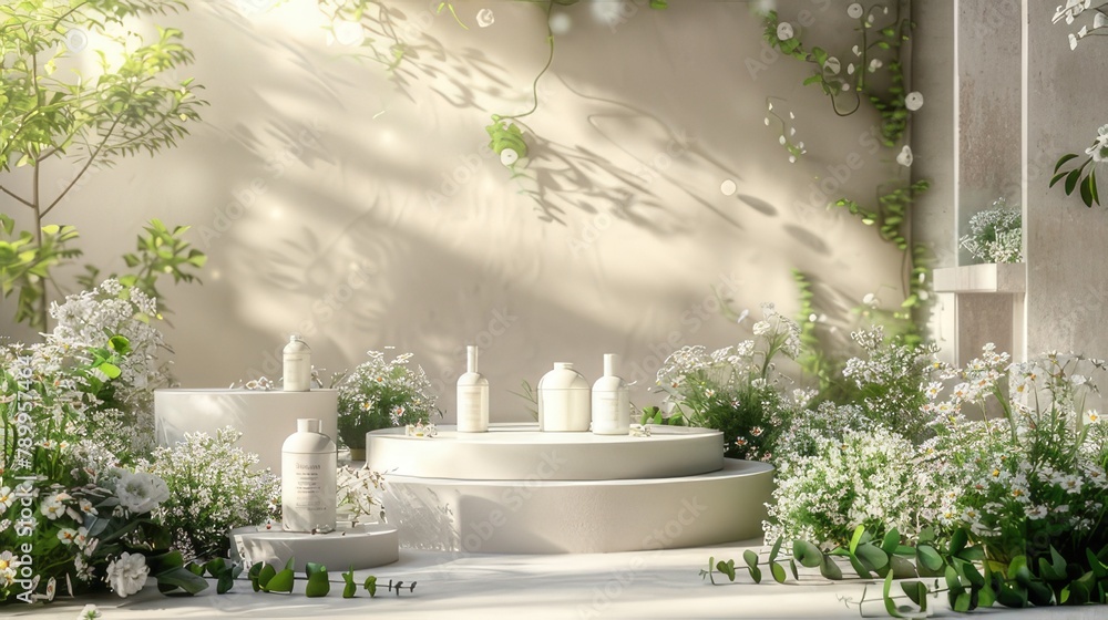Elegant Spring Display White 3D Podium with Flower Products, Beauty Stand, and Nature-Inspired Background
