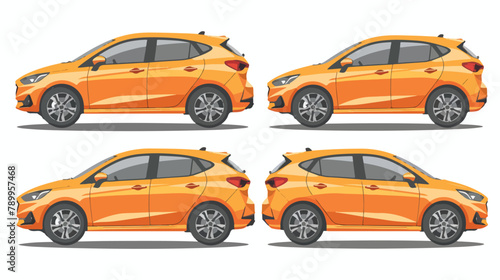 Fototapeta Naklejka Na Ścianę i Meble -  Orange hatchback car three angle set. Car with side b