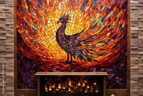 Phoenix Sunset: Mythical Nest Fireplace with Golden Fireguard & Mosaic Backsplash photo