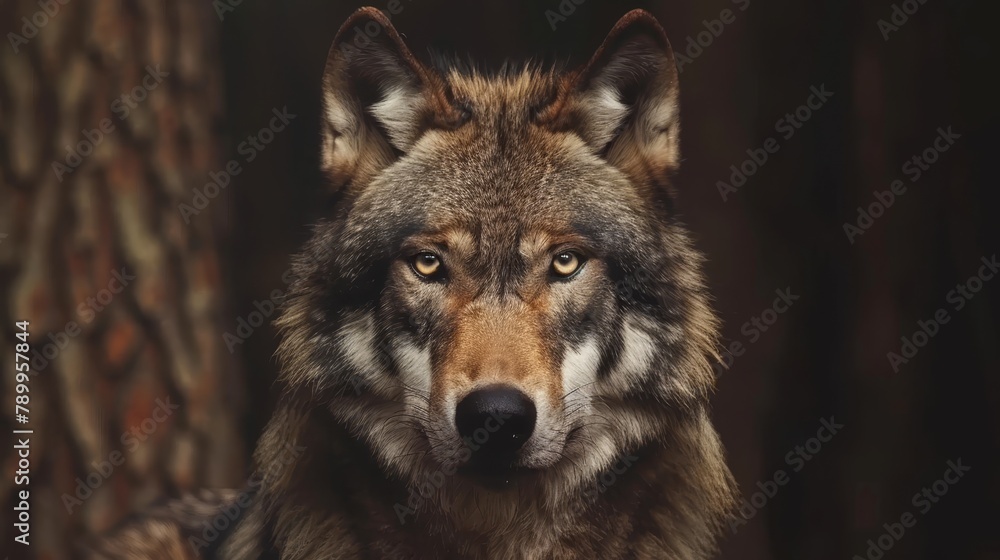   A tight shot of a wolf's expression, eyes gleaming In the backdrop, a tree stands in focus The wolf's face, slightly blurred in the foreground