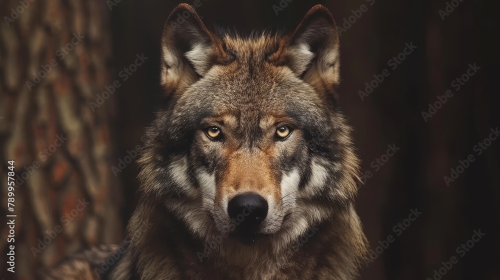 Fototapeta premium A tight shot of a wolf's expression, eyes gleaming In the backdrop, a tree stands in focus The wolf's face, slightly blurred in the foreground