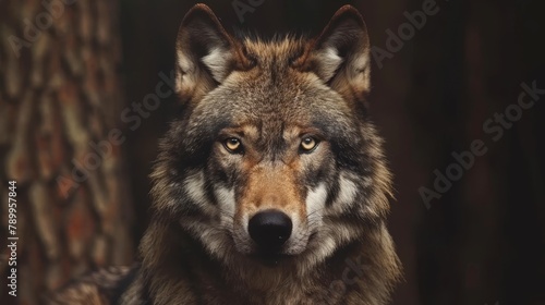   A tight shot of a wolf's expression, eyes gleaming In the backdrop, a tree stands in focus The wolf's face, slightly blurred in the foreground