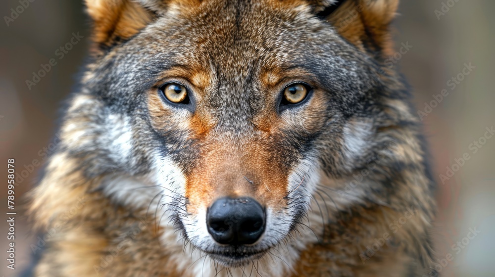 A tight shot of a wolf's expressive face gazing into the lens, surrounded by a softly blurred backdrop of quivering tree trunks A tight shot of a wolf's expressive face gazing into the lens, surrounded by a softly blurred backdrop of quivering tree trunks