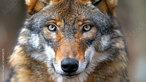   A tight shot of a wolf's expressive face gazing into the lens, surrounded by a softly blurred backdrop of quivering tree trunks photo