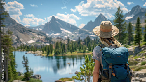 woman with a hat and backpack looking at the mountains and lake from the top of a mountain in the sun light, with a view of the mountains
