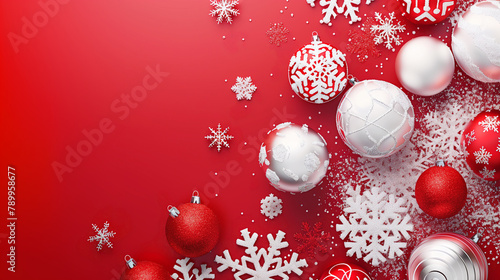 Christmas background with snowflakes and decoration balls. Abstract festive background with copy space for text, red white colors, New Year or Christmas concept concept. Background for greeting card,  photo