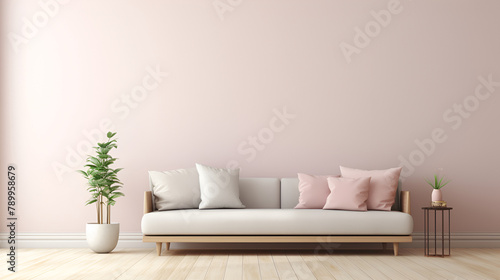 Interior of modern living room with pink wall and sofa  ,Modern minimalist scandinavian interior with a big empty wall 