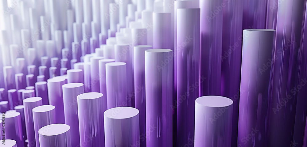 Gradient purple cylinders on white in 3D compose an avant-garde display. Gradient purple cylinders on white in 3D compose an avant-garde display.