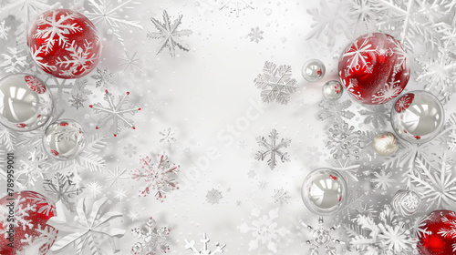 Christmas background with snowflakes and decoration balls. White, red and silver color. Christmas card template. New Year or christmas concept. Background for greeting card, invitation card. Christmas photo