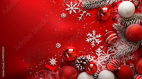 Christmas background with snowflakes and decoration balls. Abstract festive background with copy space for text, red white colors, New Year or Christmas concept concept. Background for greeting card,  photo