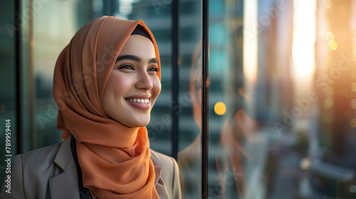 Successful middle eastern businesswoman standing in big city modern skyscrapers dreaming on new opportunities