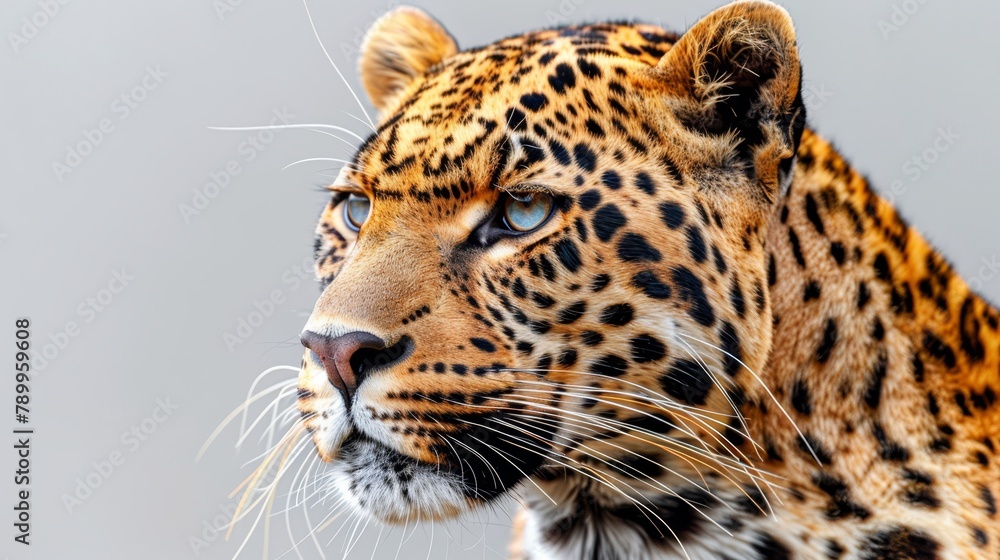 A tight shot of a leopard's face against a gray backdrop, overlayed with a soft, hazy rendition of the animal's visage A tight shot of a leopard's face against a gray backdrop, overlayed with a soft, hazy rendition of the animal's visage