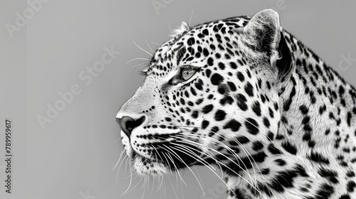  A black-and-white image of a cheetah gazing off at a distance with its mouth agape against a gray backdrop