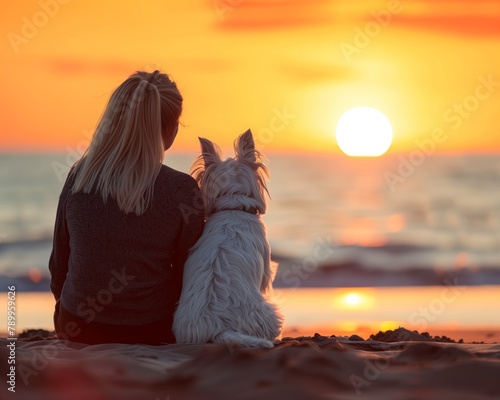 Woman and Dog Admiring Beach Sunset Together