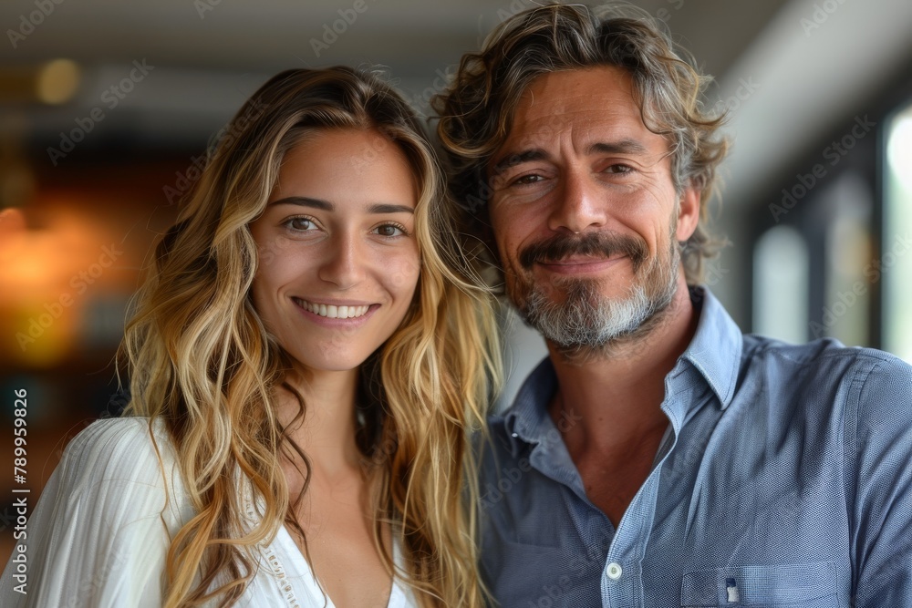 Smiling mature man with a young woman in a friendly close-up portrait, suggesting a bond Smiling mature man with a young woman in a friendly close-up portrait, suggesting a bond