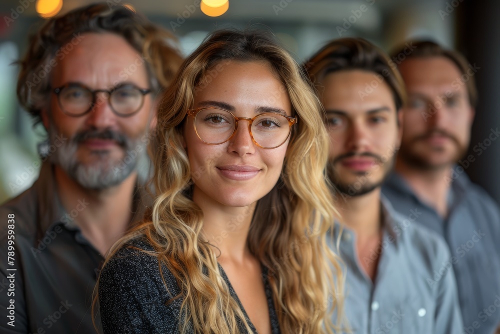 Charismatic businesswoman in foreground with a diverse team of male colleagues behind Charismatic businesswoman in foreground with a diverse team of male colleagues behind