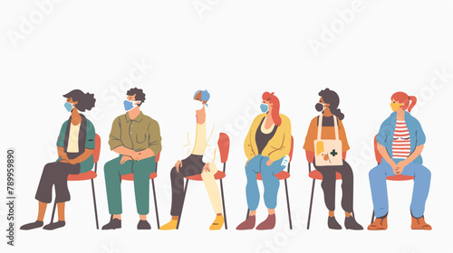 People of different ages are sitting in line. Woman illustration