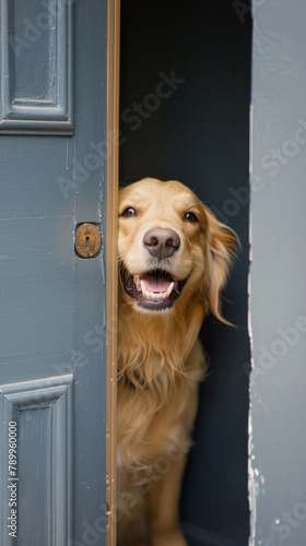 copy space, stockphoto, happy golden retriever peeping from behind a door. Cute labrador pet half visible. Cute adorable mature labrador dog. photo