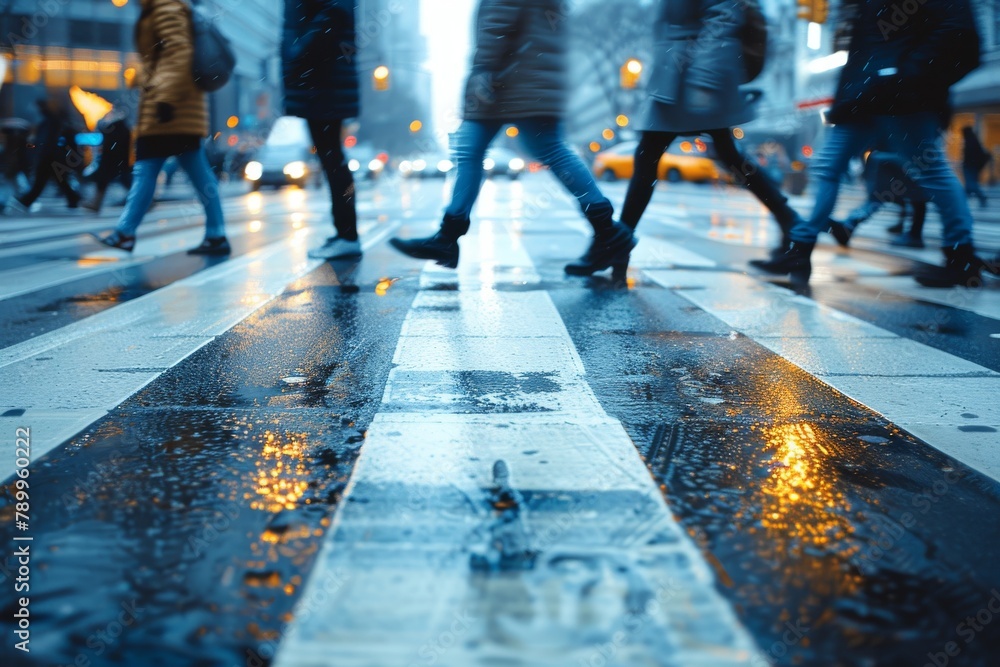 Fototapeta premium Vibrant city street under the rain at night with illuminated pavement reflecting lights and busy pedestrian footsteps