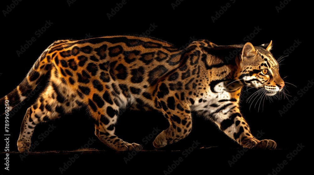 Fototapeta premium A tight shot of a feline against a black backdrop, overlaid with a faintly blurred silhouette of another cat