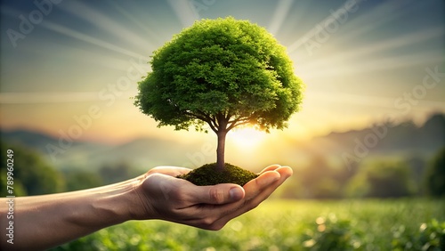 Sunshine Background with Green Tree and Hand Held High - Environmental Concept of Nature, Eco-Friendly, Ecosystem, Ecology, Sustainable, Earth Day photo