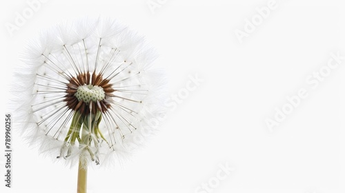A lone dandelion against a plain white background and sky