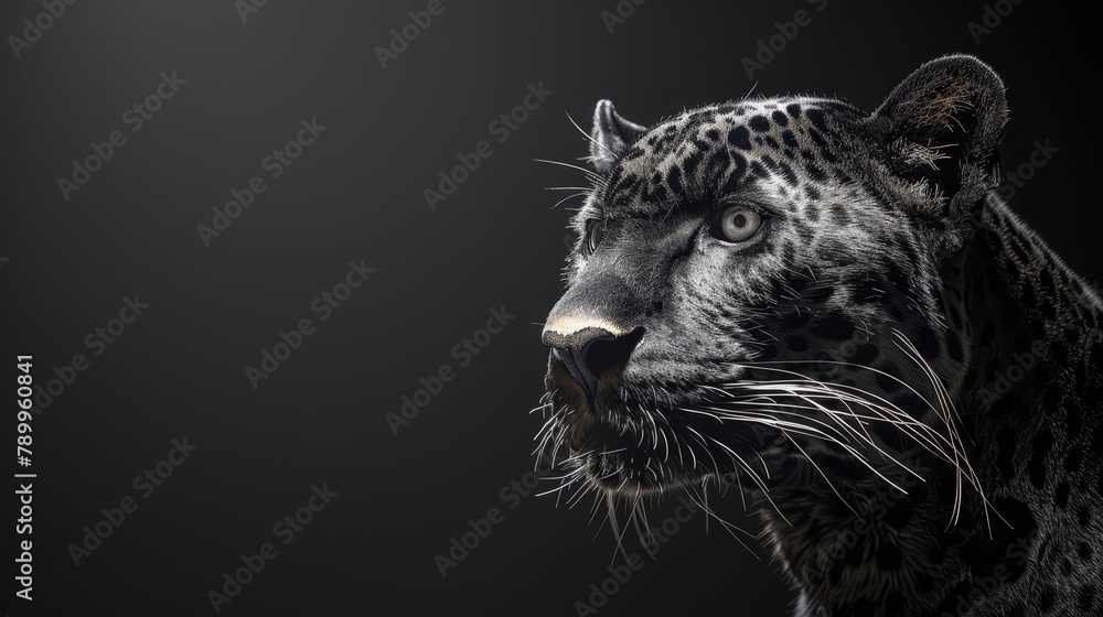   A tight shot of a black-and-white leopard's face, angled sideways as it turns its head