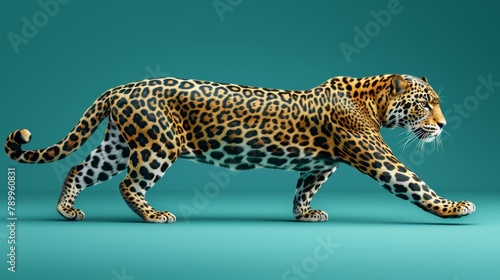   A 3D cheetah walks against a backdrop of blue and green  bearing a black spot on its left side