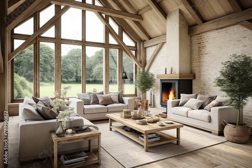 Farmhouse Charm: Rustic Barn Conversion Living Room With Large Windows, Natural Light, and Wooden Accents © Michael