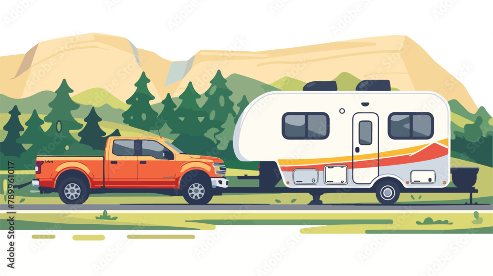 Pickup truck and trailer caravan on the road against