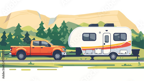 Pickup truck and trailer caravan on the road against