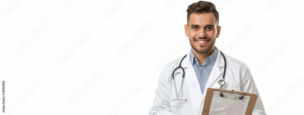 A male doctor holds a medical chart against a white background. A male doctor holds a medical chart against a white background.